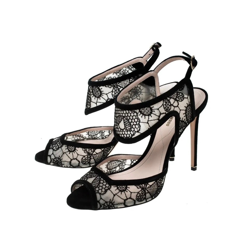 Nicholas Kirkwood Leda Vero Cuoio Black Lace Suede Slingback Heels EU 38